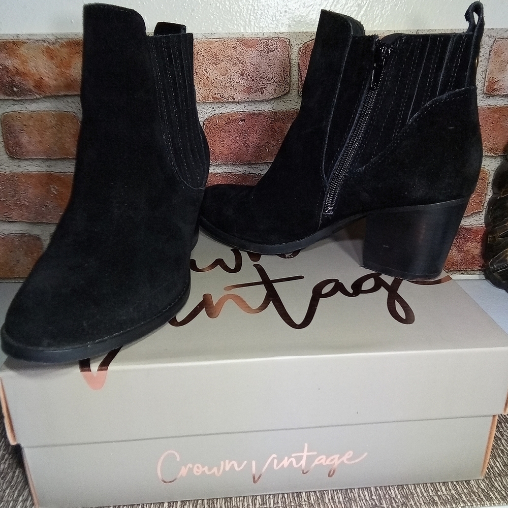 Black Suede Chunky Heel Ankle Boots "Cindy" Leather Zipper Bikercore Platform 7